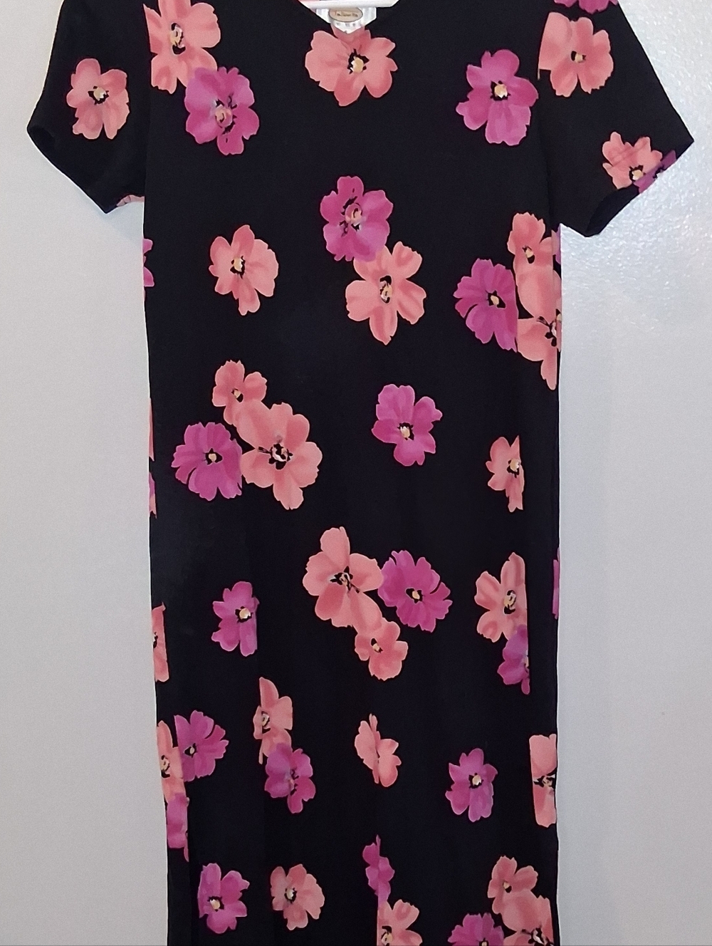 Talbots Black Maxi Dress with Pink Floral Pattern